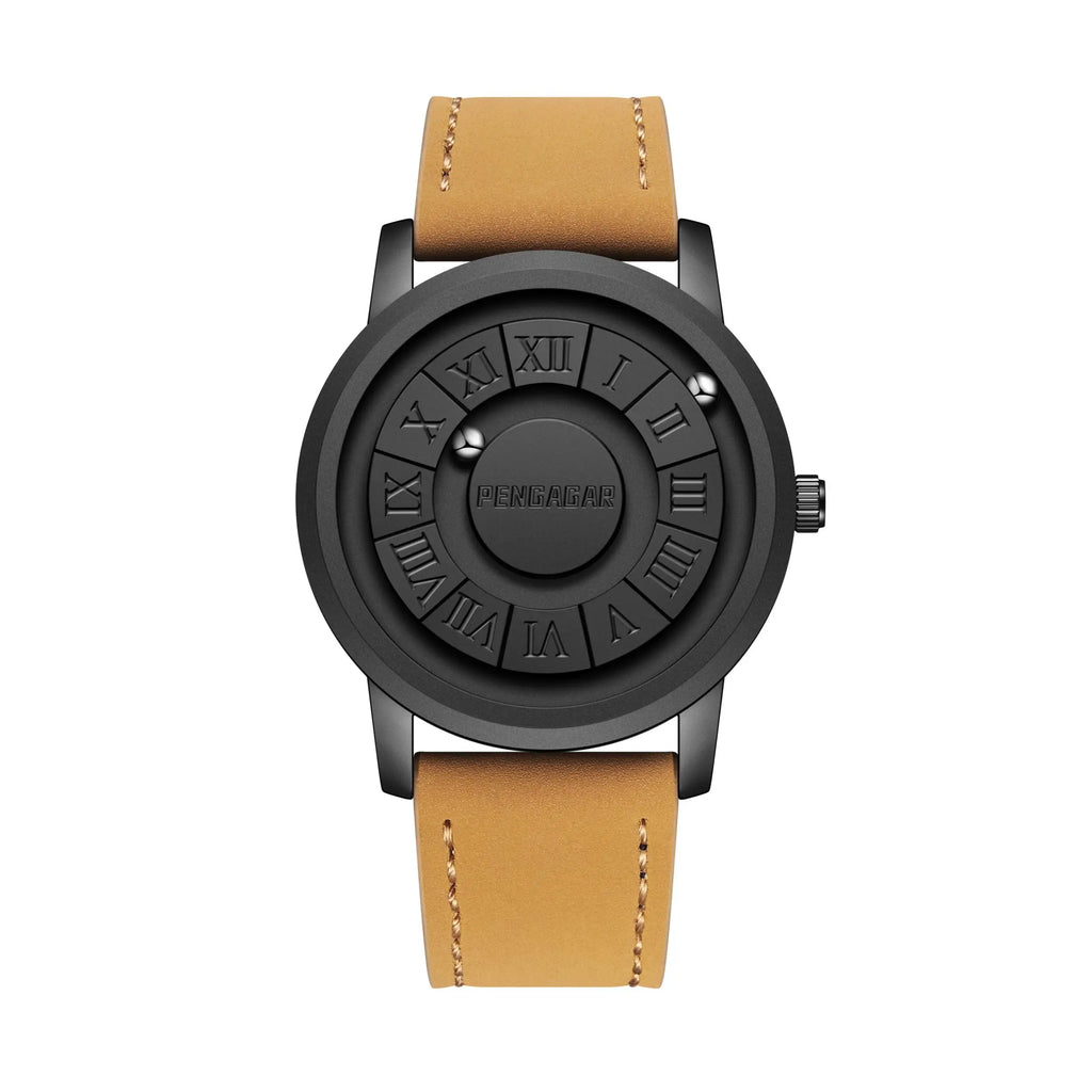 Watch with black dial and brown leather strap on a white background