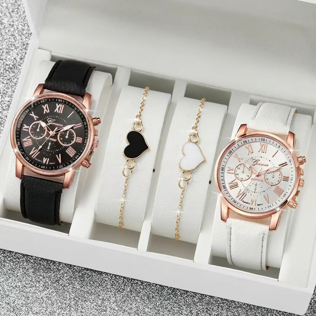 Amoria DuoSet™ – 4-Piece Matching Roman Dial Couple Watch & Bracelet Set